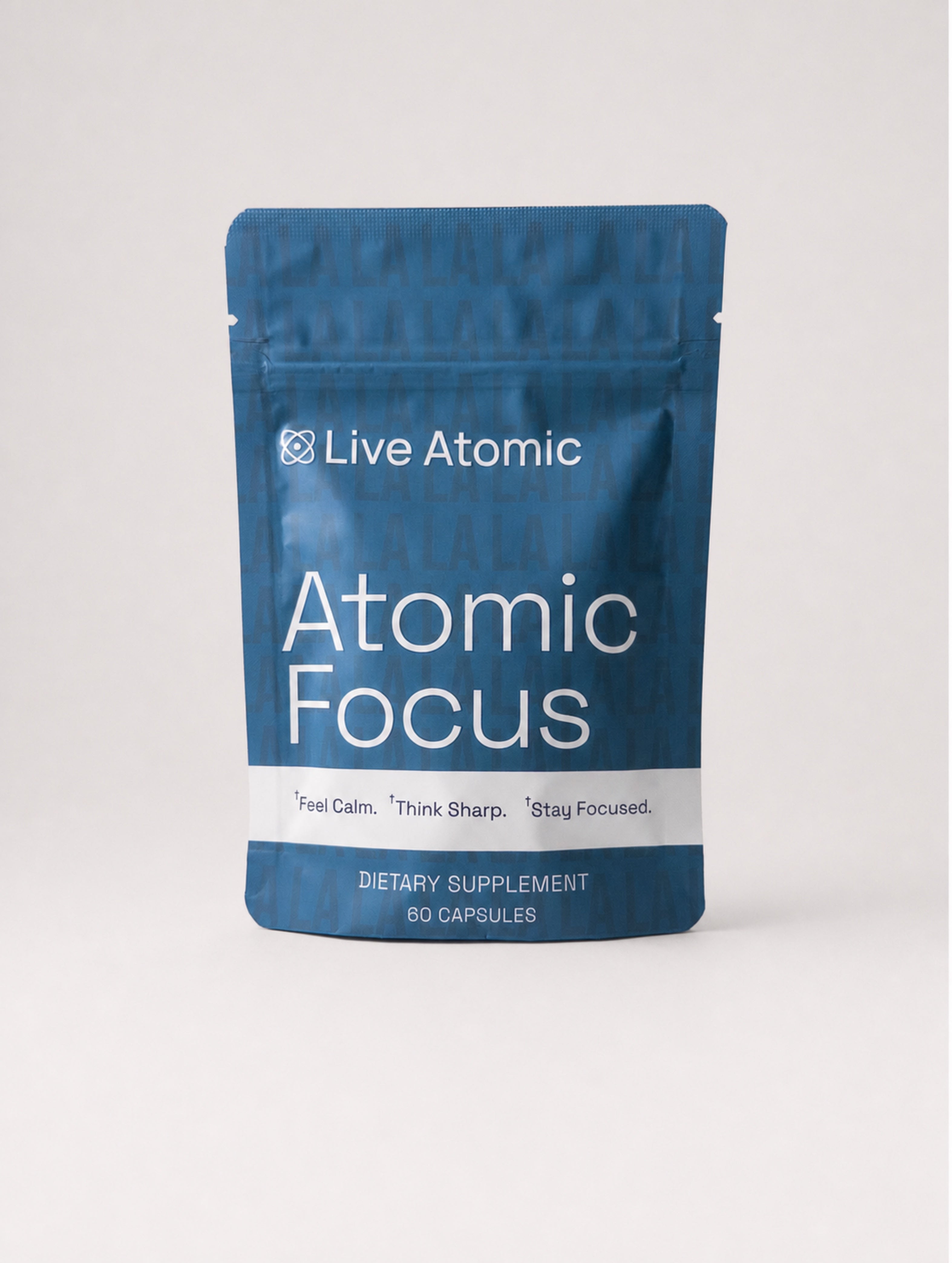 Front of the blue Atomic Focus pouch on a soft white background