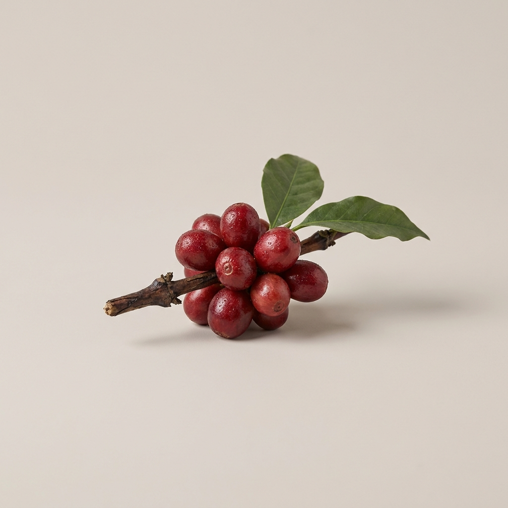 Ripe red coffee cherries on a branch on a pale studio background