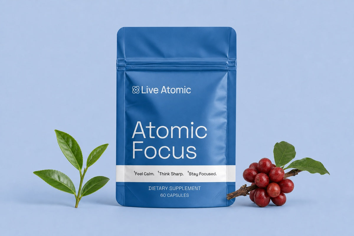 Atomic Focus pouch between tea leaves and coffee cherries