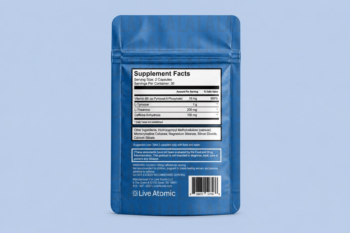 Back of the Atomic Focus pouch with the supplement facts panel