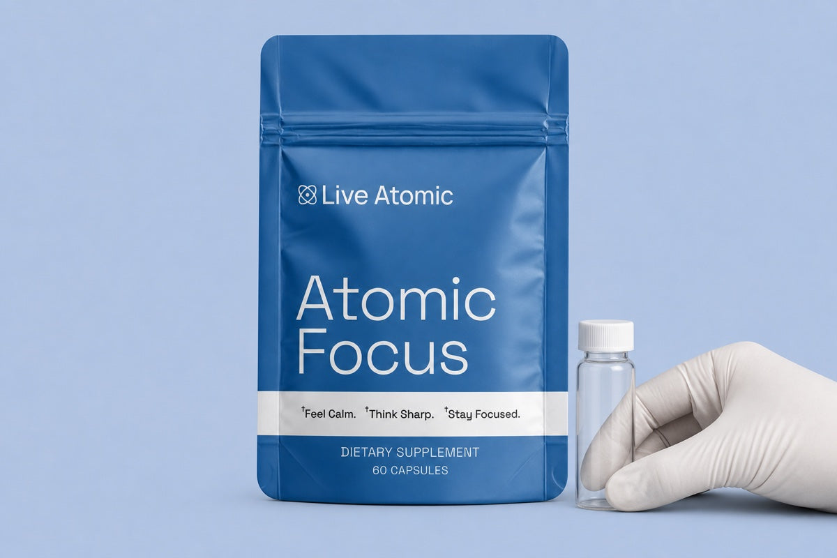 Atomic Focus pouch beside a laboratory sample vial
