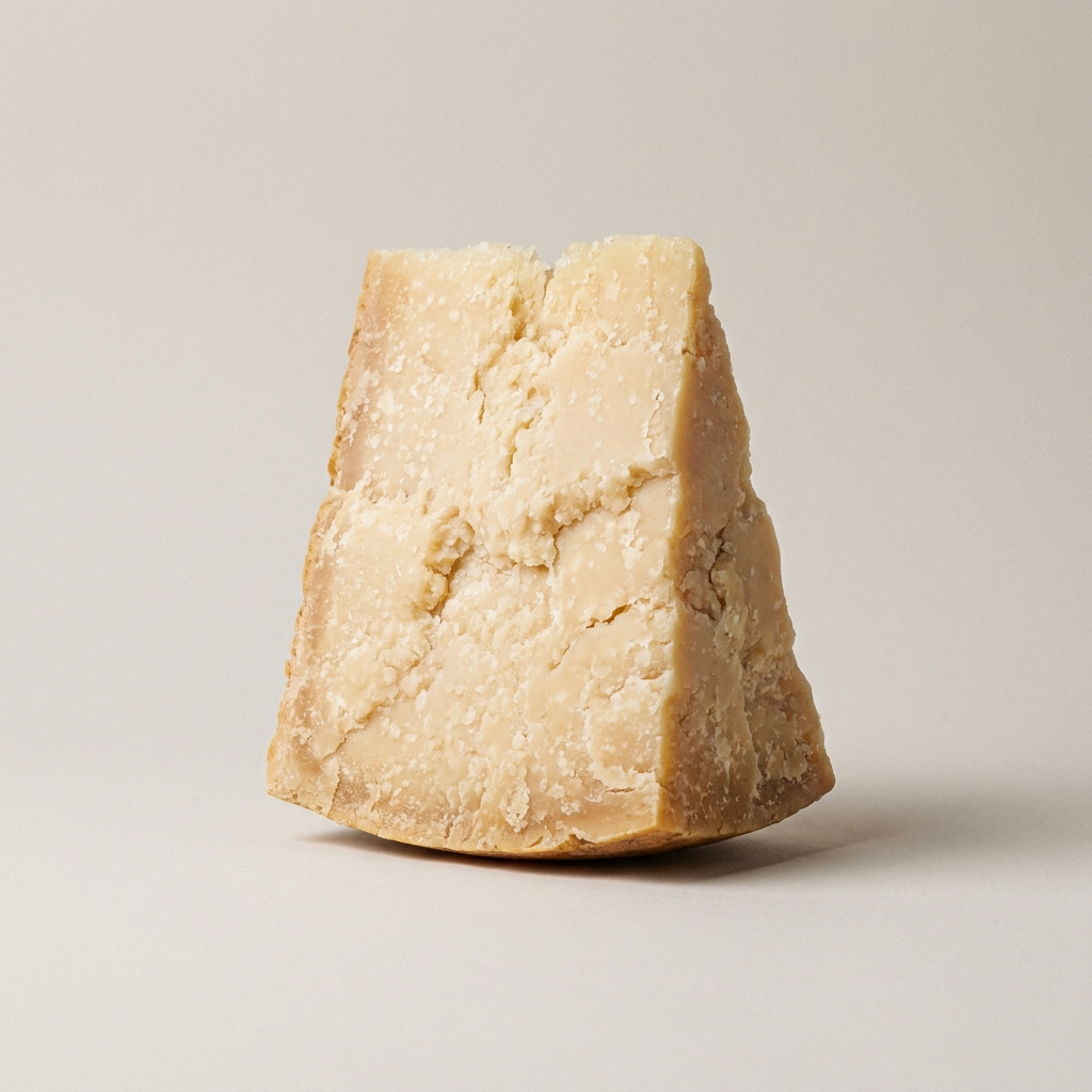 A wedge of aged parmesan cheese on a pale studio background